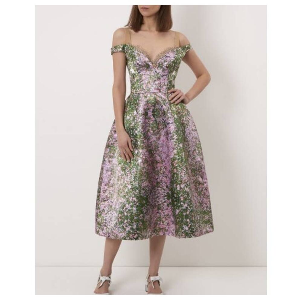 Natasha Zinko Pink & Green Sakura Floral Print Sweetheart Midi Dress